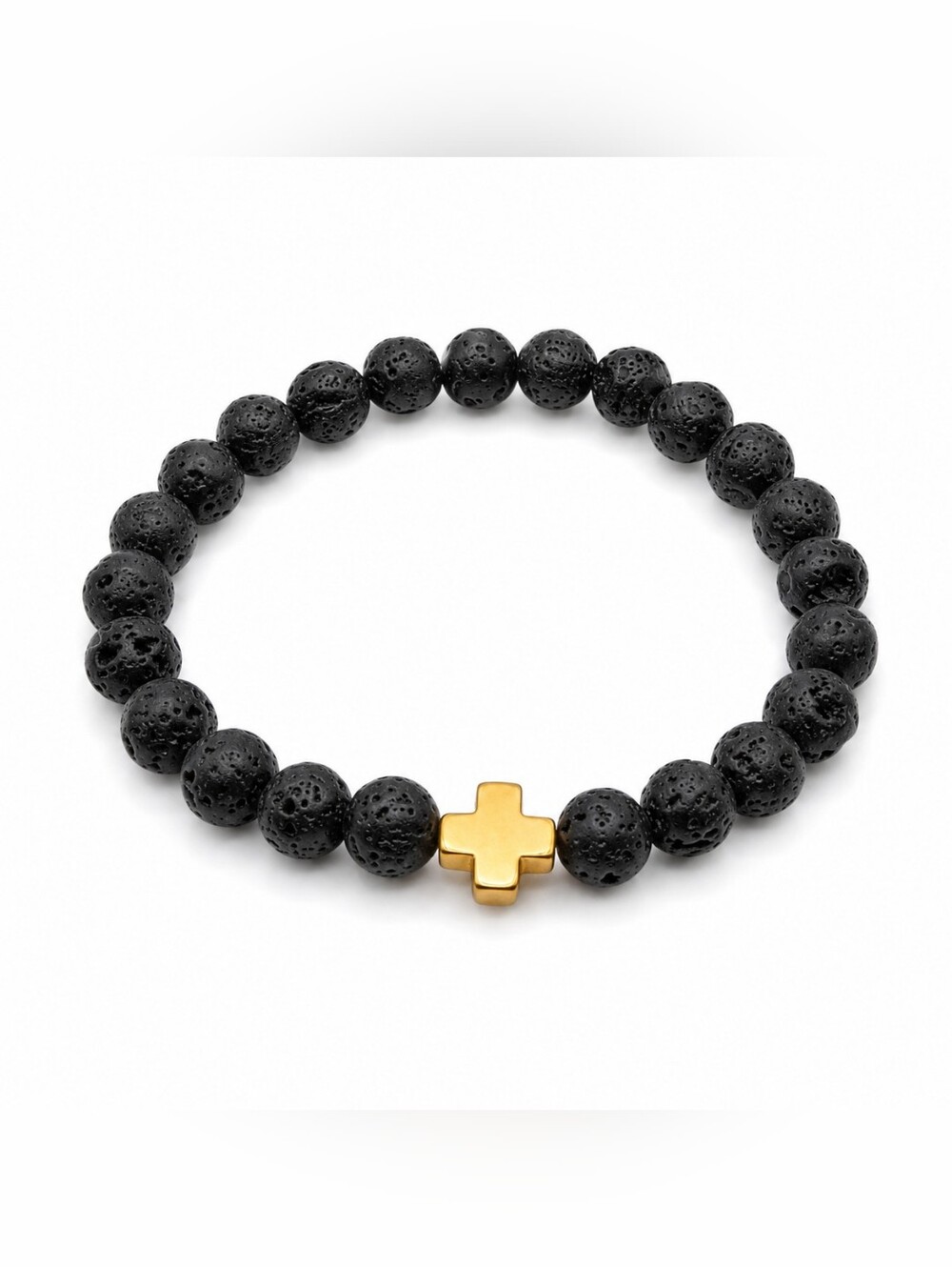 Mens Black Lava Rock Stone Bead Bracelet Gold Cross Charm Religious Jewelry OS